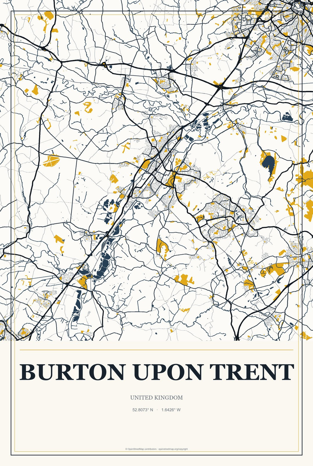 Burton upon Trent, United Kingdom City Map Aluminum Sign in Citrine Modern style