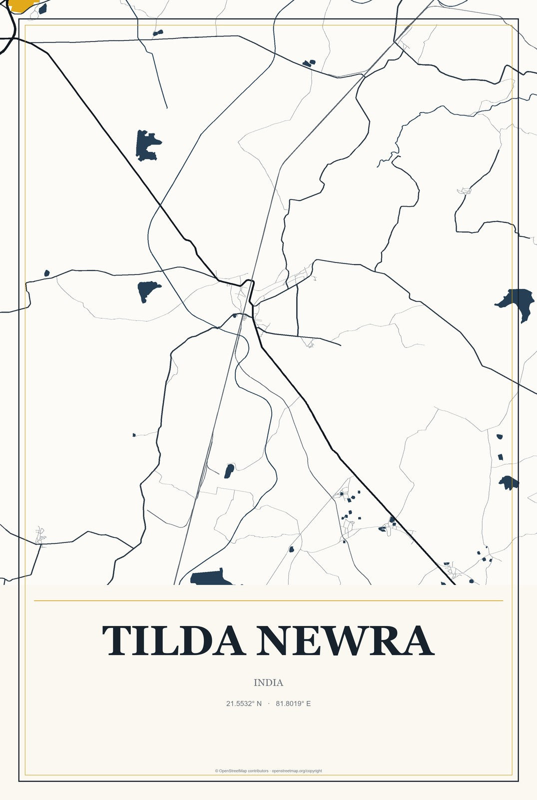 Tilda Newra, India City Map Aluminum Sign in Citrine Modern style