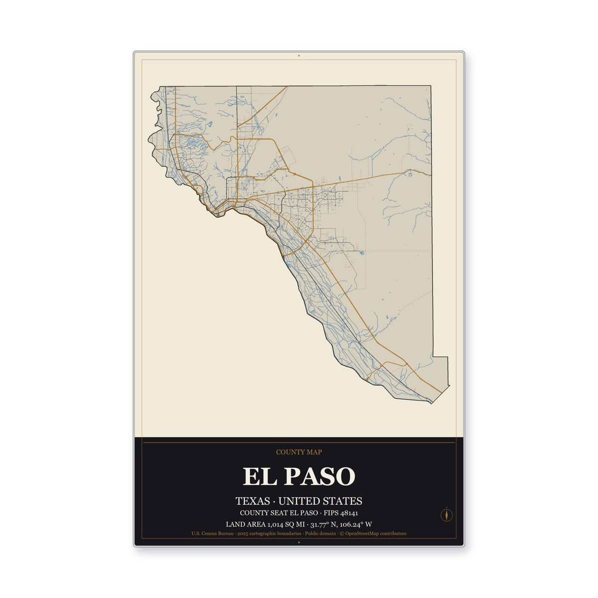 El Paso County, Texas Map Aluminum Sign in Museum Plaque style