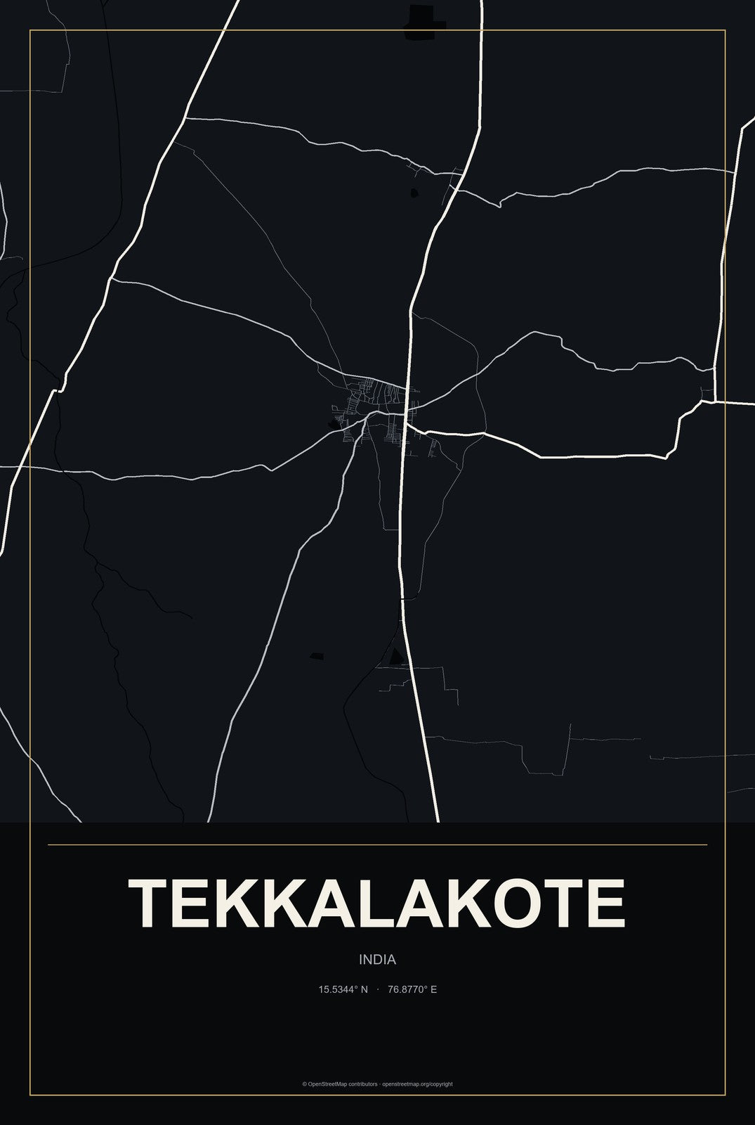 Tekkalakote, India City Map Aluminum Sign in Metropolitan Noir style
