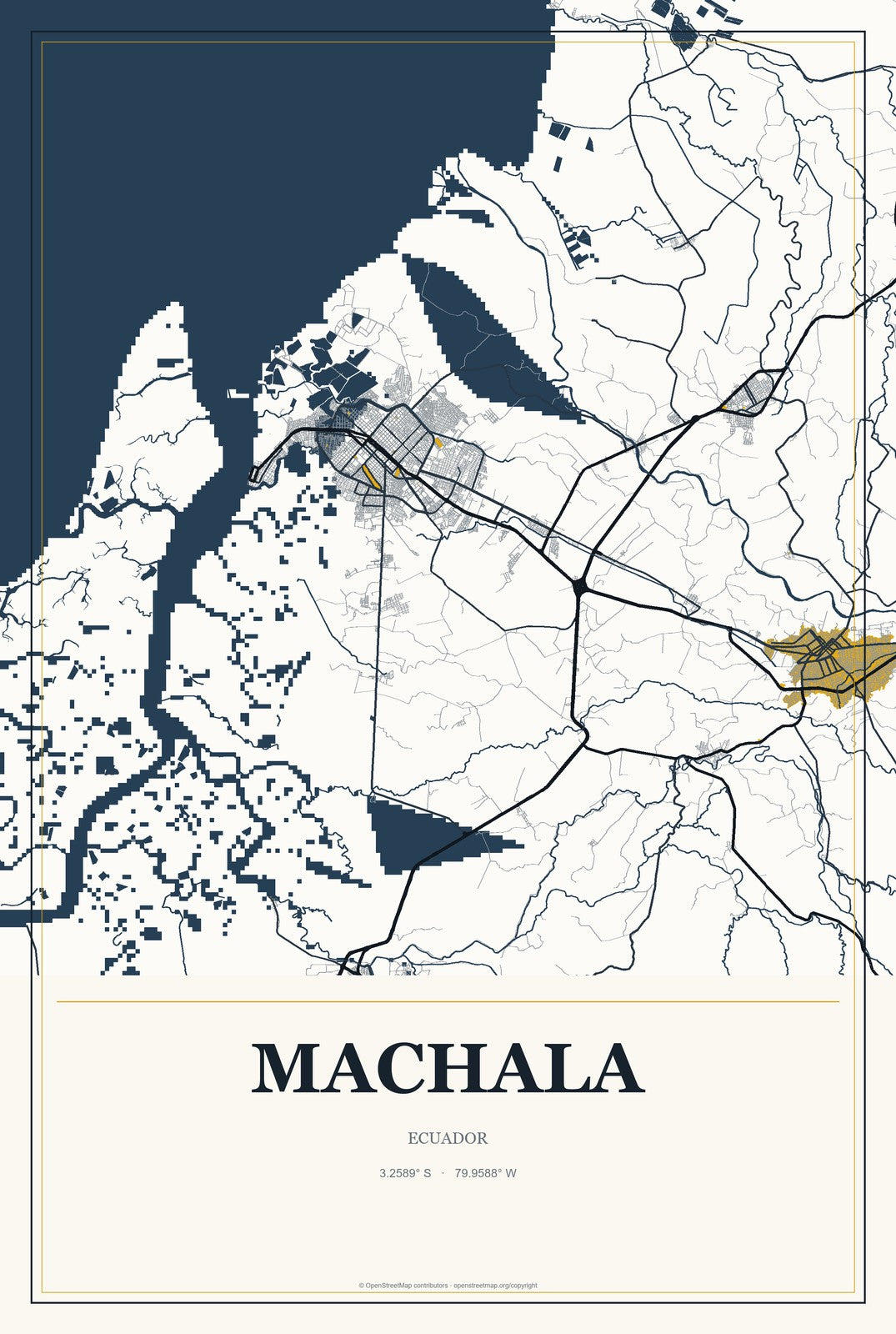 Machala, Ecuador City Map Aluminum Sign in Citrine Modern style