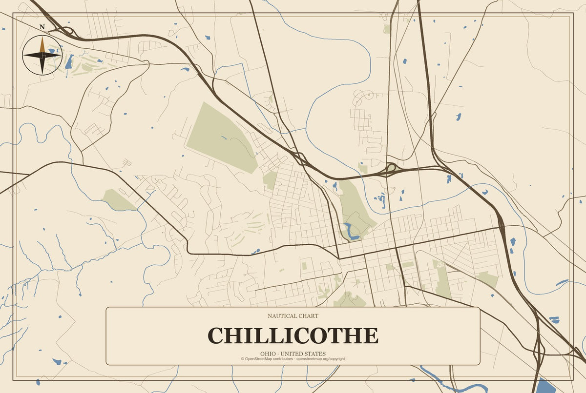 Chillicothe, Ohio City Map Aluminum Sign in Heritage Nautical style