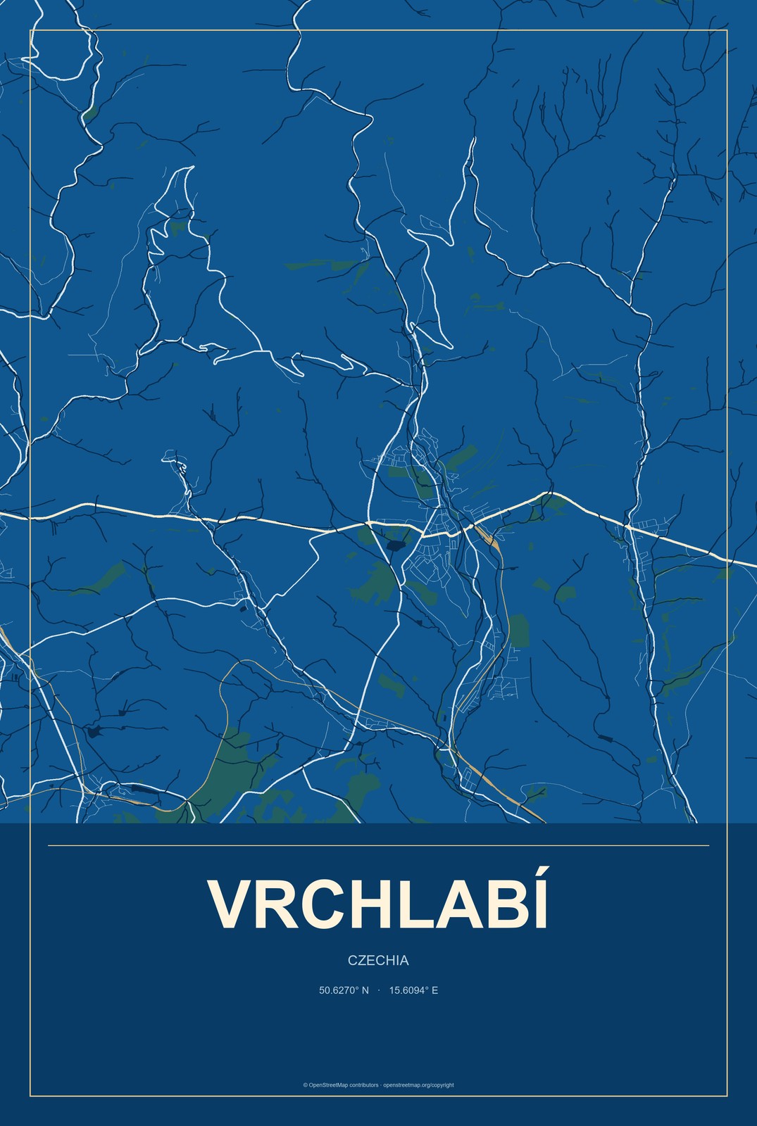 Vrchlabí, Czechia City Map Aluminum Sign in Harbor Cobalt style