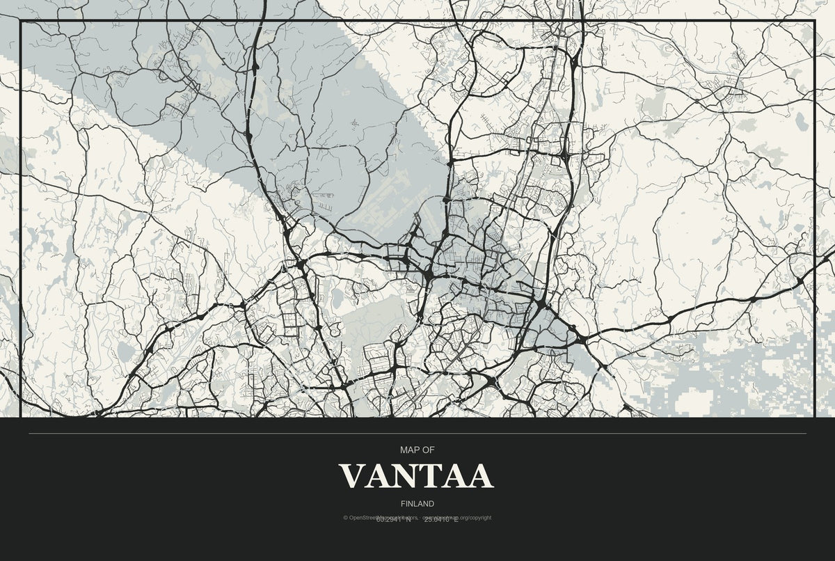 Vantaa, Finland City Map Aluminum Sign in Museum Plaque style