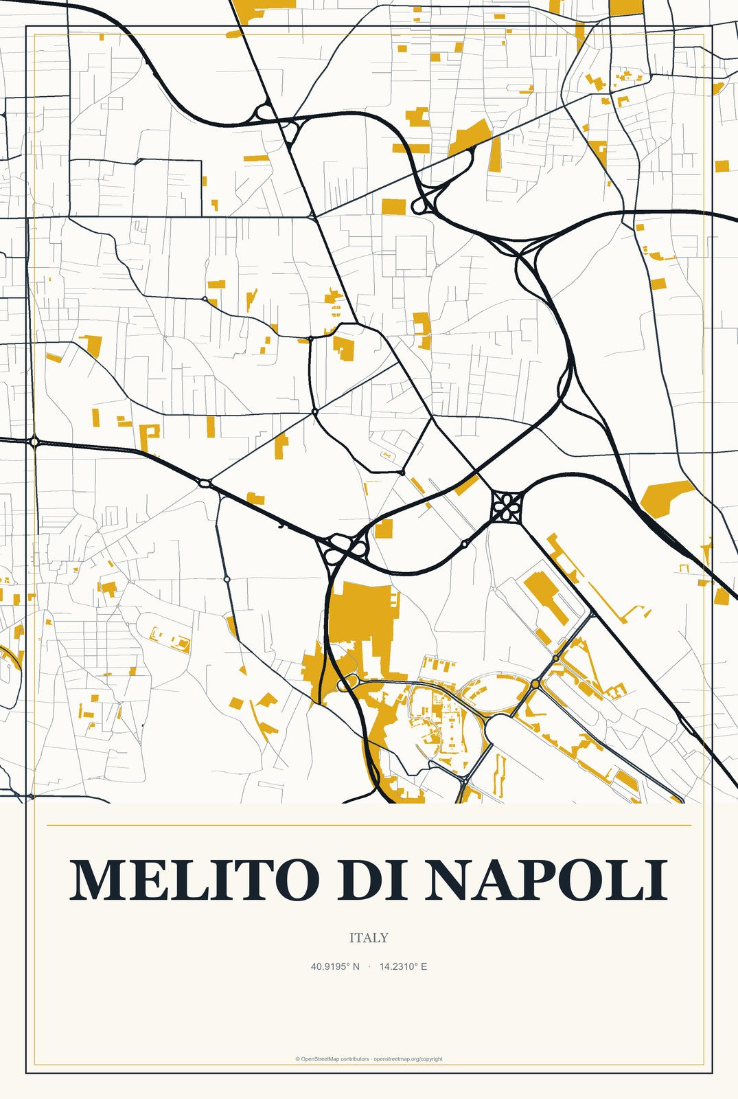 Melito di Napoli, Italy City Map Aluminum Sign in Citrine Modern style