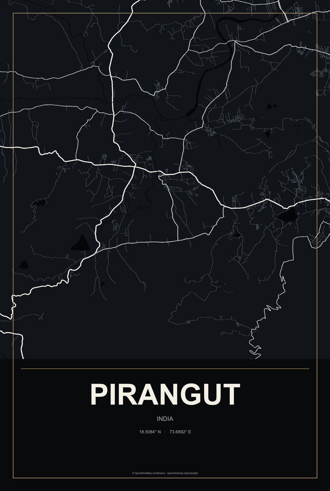 Pirangut, India City Map Aluminum Sign in Metropolitan Noir style