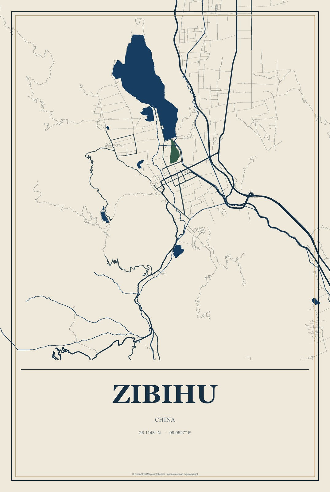 Zibihu, China City Map Aluminum Sign in Coastal Cutout style