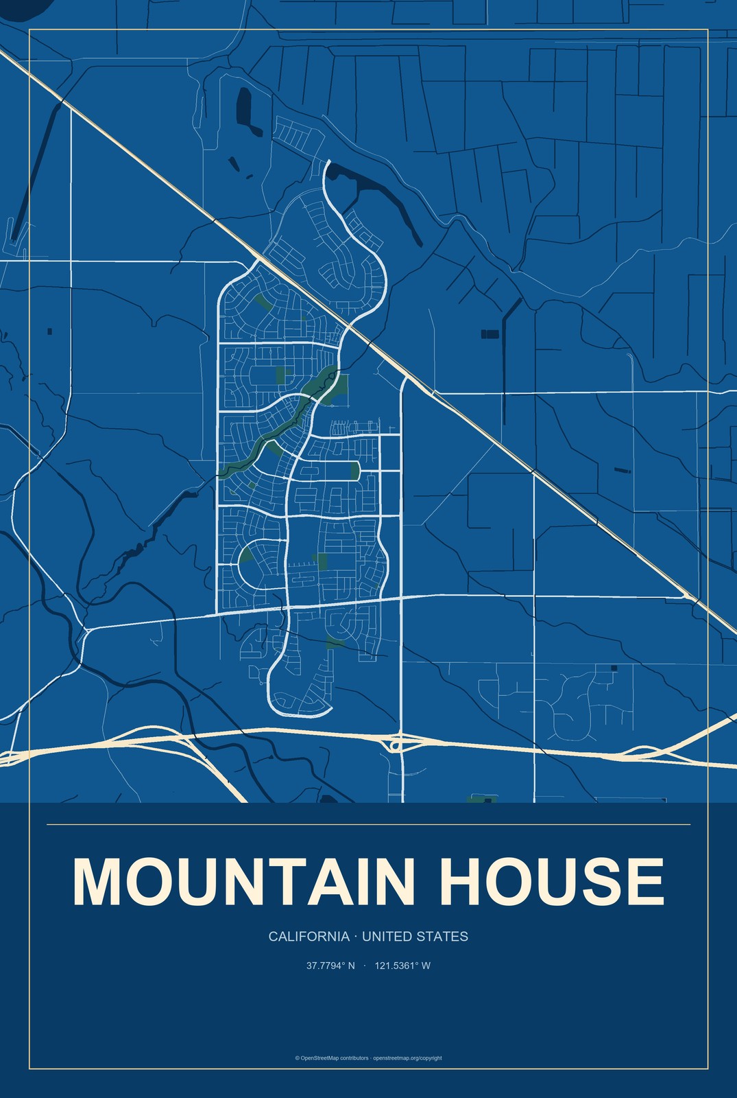 Mountain House, California City Map Aluminum Sign in Harbor Cobalt style