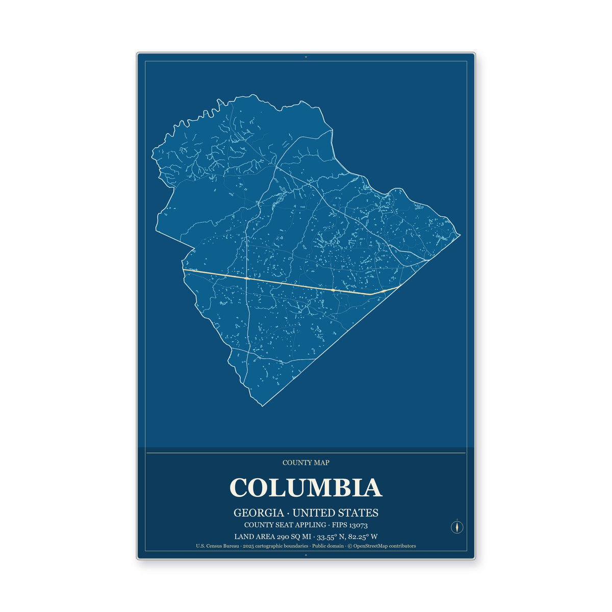 Columbia County, Georgia Map Aluminum Sign in Harbor Cobalt style