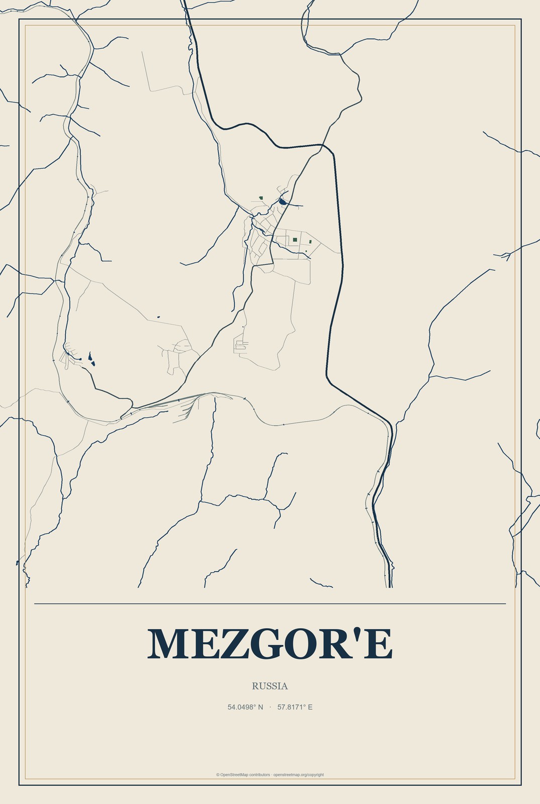 Mezgor'e, Russia City Map Aluminum Sign in Coastal Cutout style