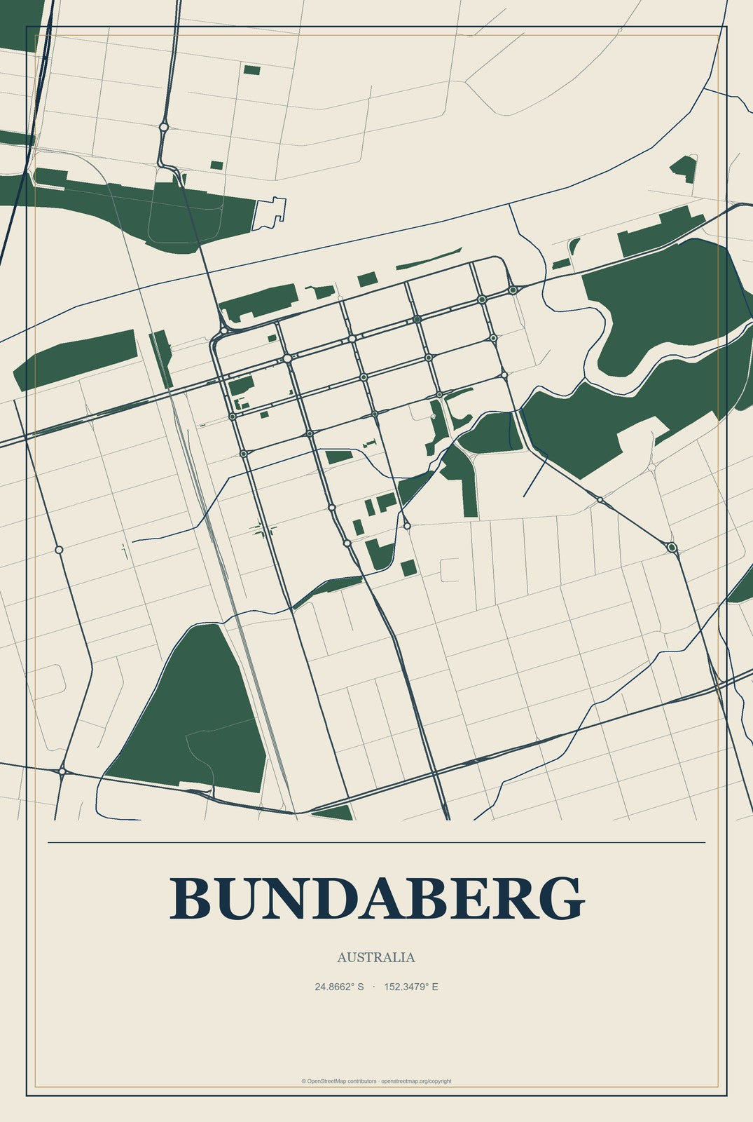 Bundaberg, Australia City Map Aluminum Sign in Coastal Cutout style