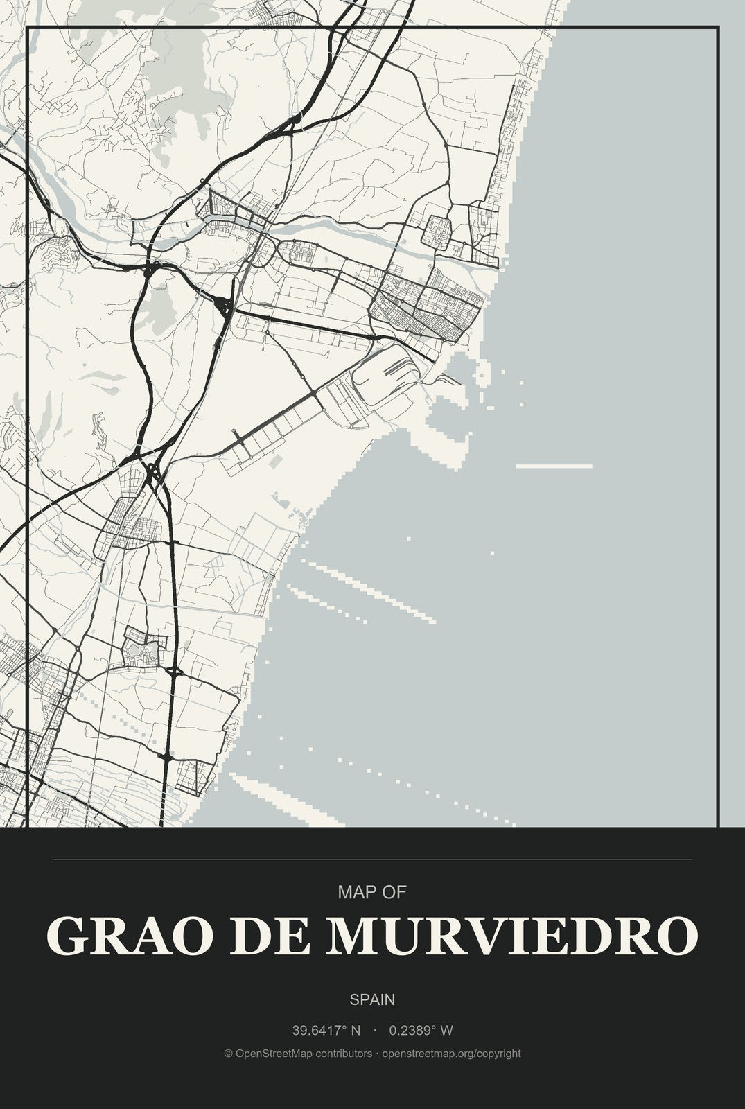 Grao de Murviedro, Spain City Map Aluminum Sign in Museum Plaque style