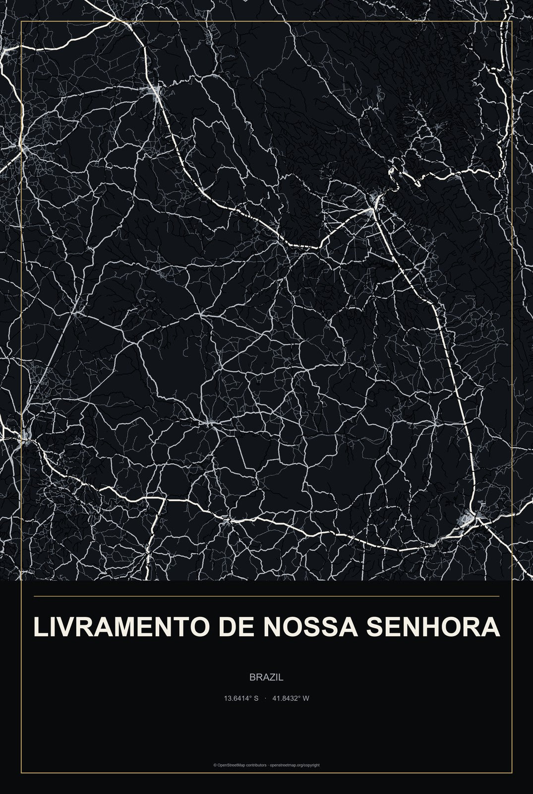 Livramento de Nossa Senhora, Brazil City Map Aluminum Sign in Metropolitan Noir style