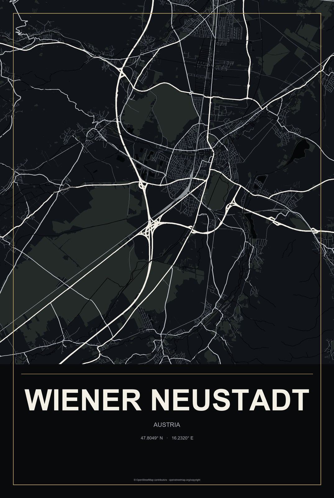 Wiener Neustadt, Austria City Map Aluminum Sign in Metropolitan Noir style