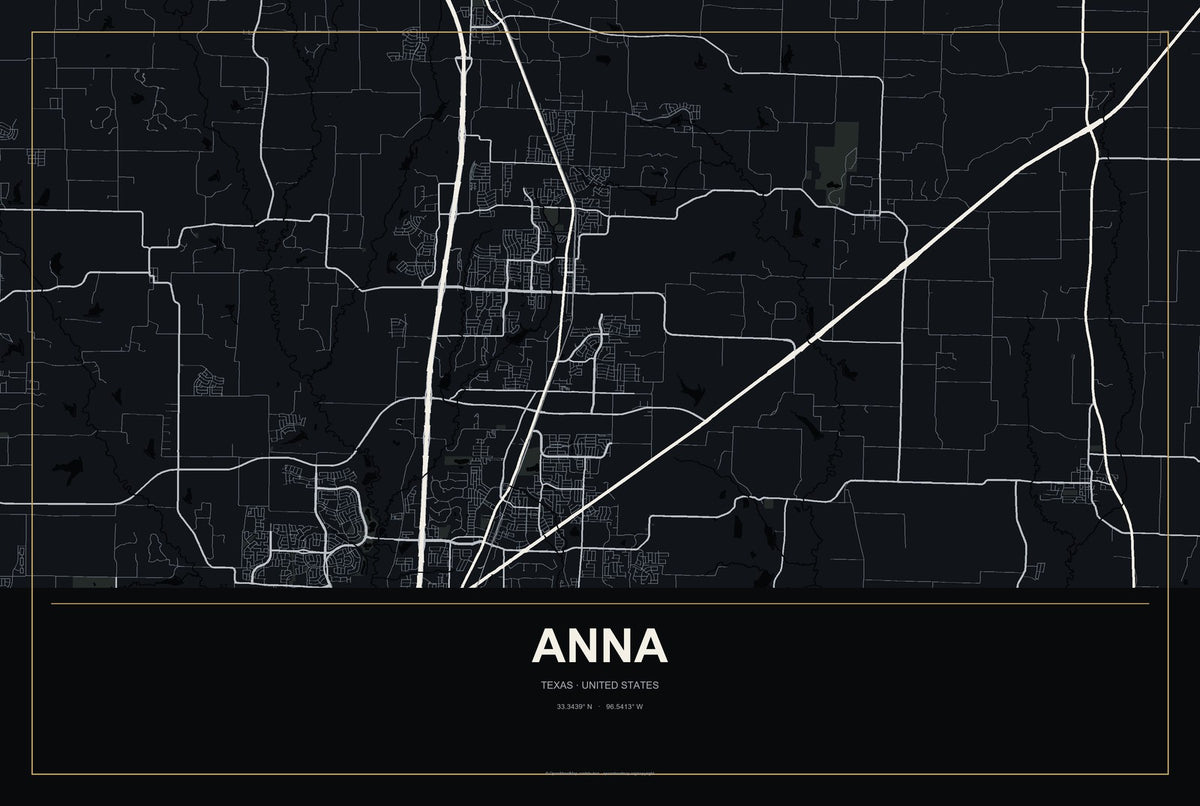 Anna, Texas City Map Aluminum Sign in Metropolitan Noir style