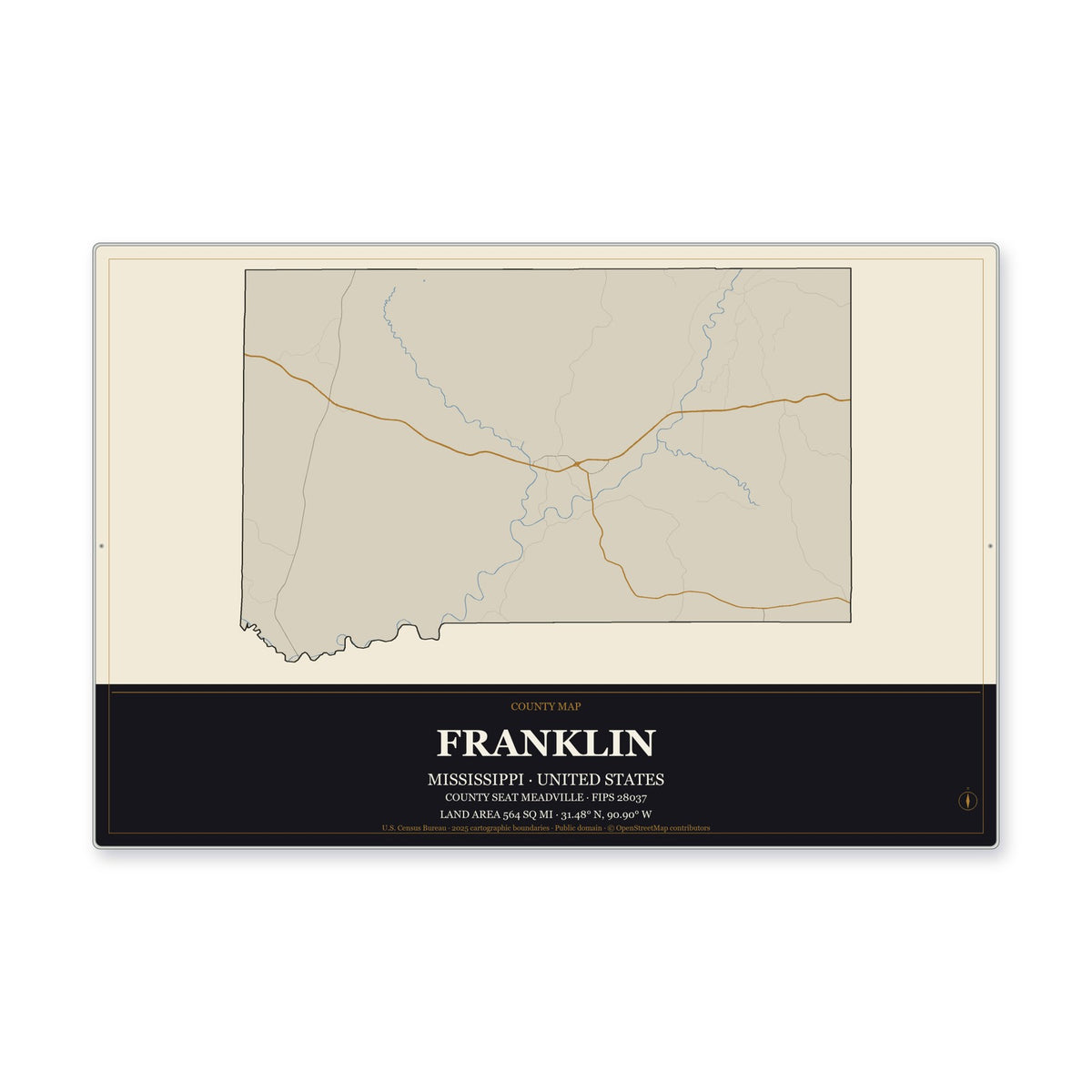 Franklin County, Mississippi Map Aluminum Sign in Museum Plaque style