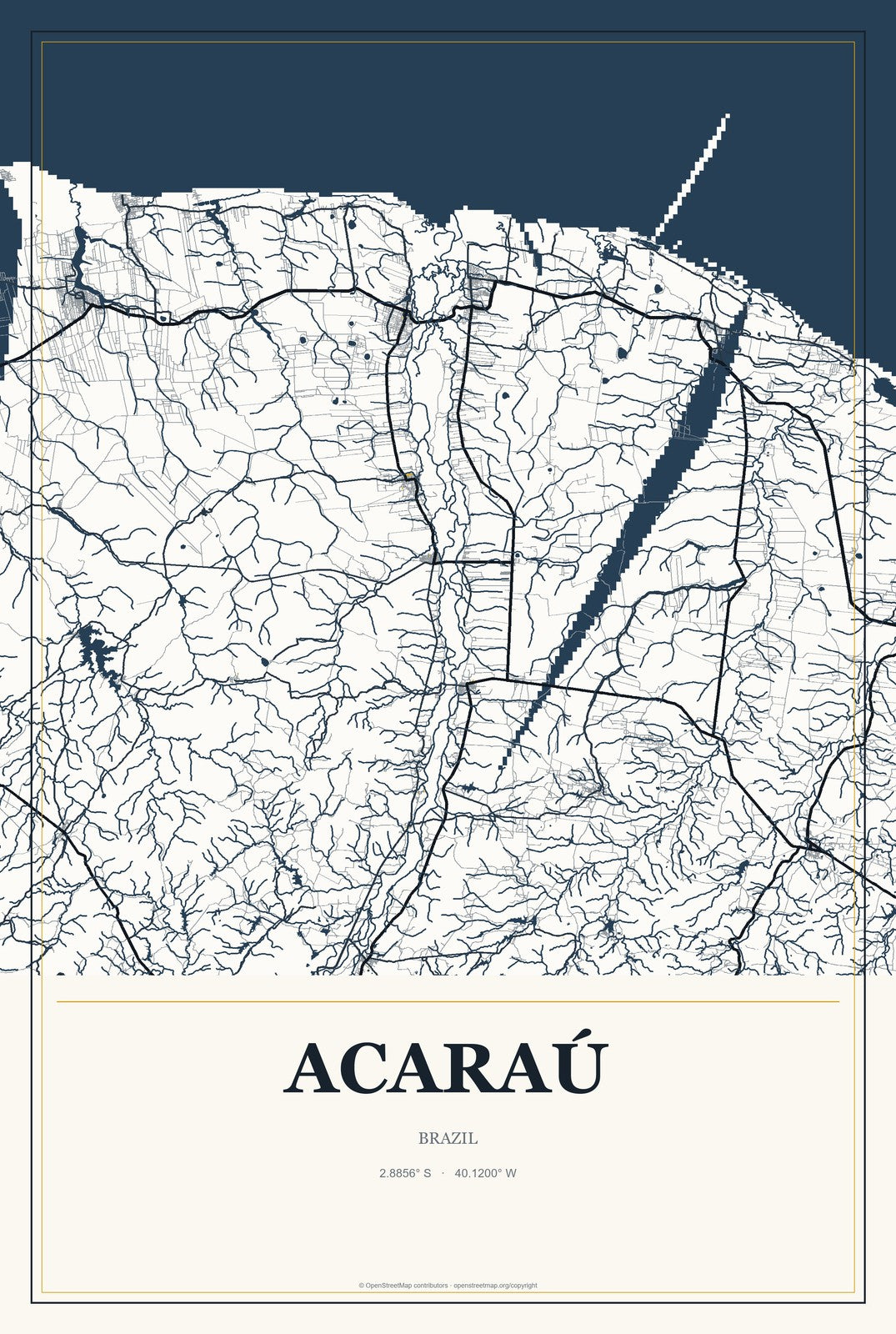 Acaraú, Brazil City Map Aluminum Sign in Citrine Modern style