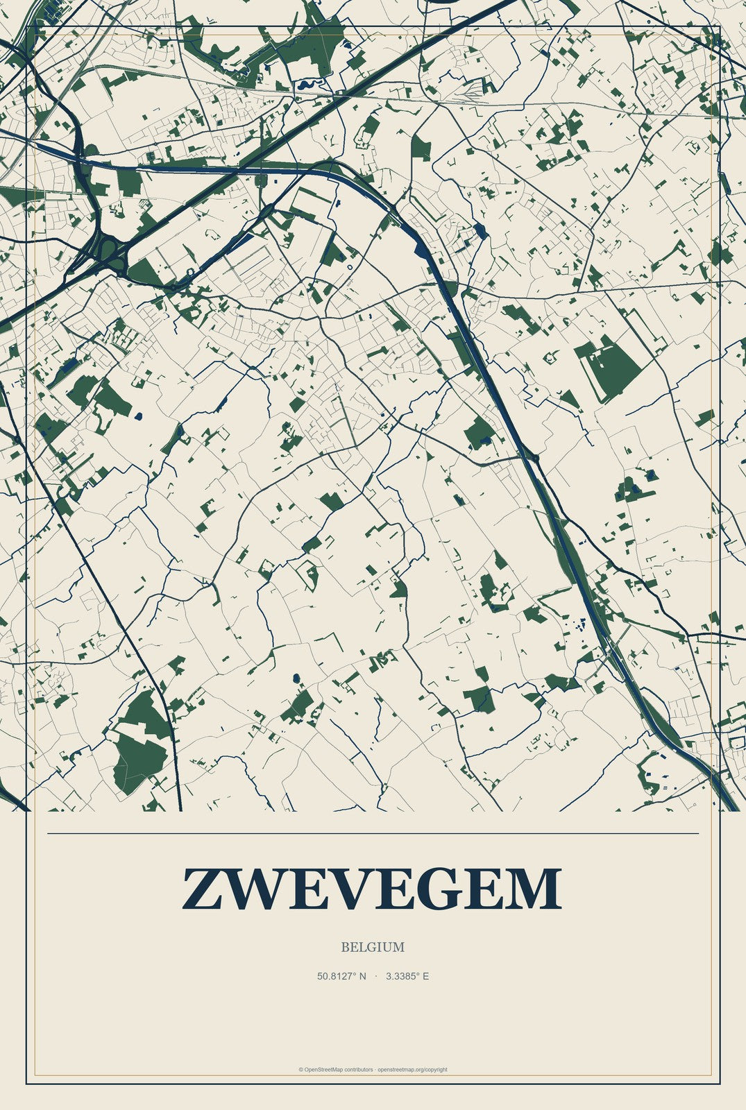 Zwevegem, Belgium City Map Aluminum Sign in Coastal Cutout style