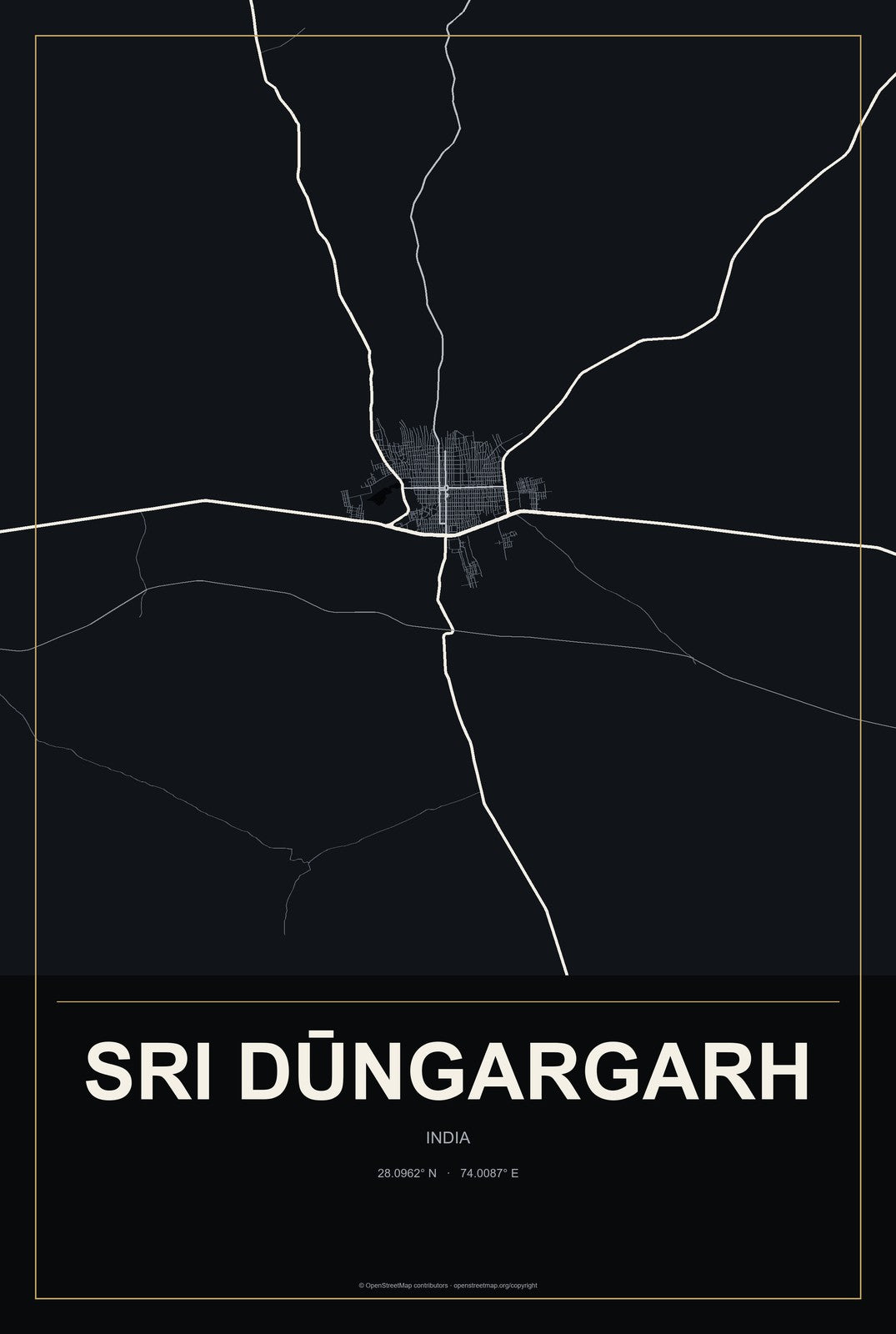 Sri Dūngargarh, India City Map Aluminum Sign in Metropolitan Noir style