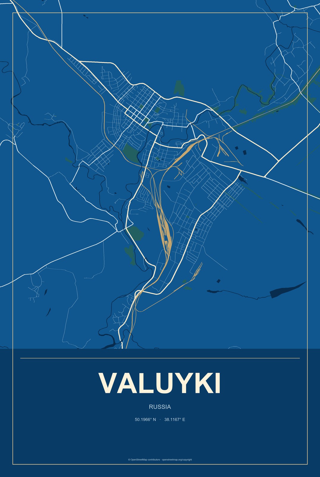 Valuyki, Russia City Map Aluminum Sign in Harbor Cobalt style