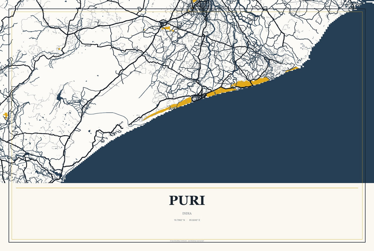 Puri, India City Map Aluminum Sign in Citrine Modern style