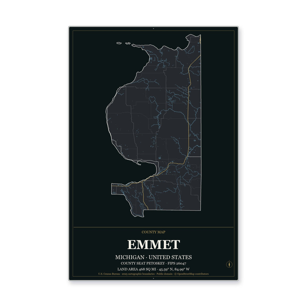 Emmet County, Michigan Map Aluminum Sign in Metropolitan Noir style