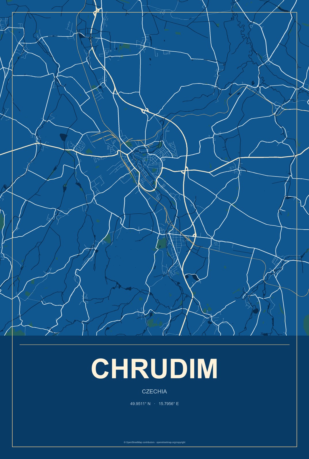 Chrudim, Czechia City Map Aluminum Sign in Harbor Cobalt style
