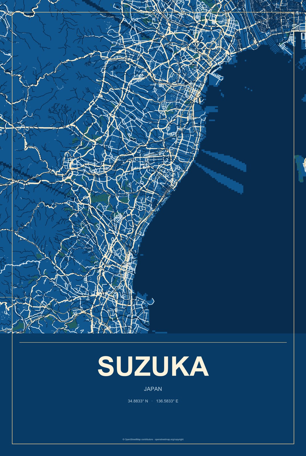 Suzuka, Japan City Map Aluminum Sign in Harbor Cobalt style