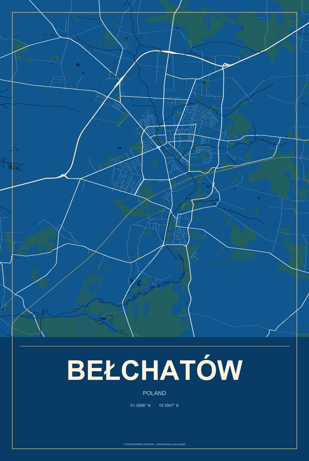 Bełchatów, Poland City Map Aluminum Sign in Harbor Cobalt style