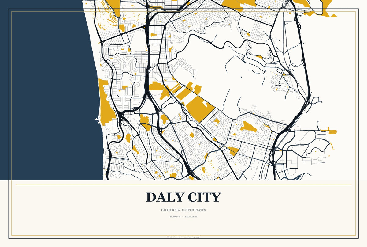 Daly City, California City Map Aluminum Sign in Citrine Modern style