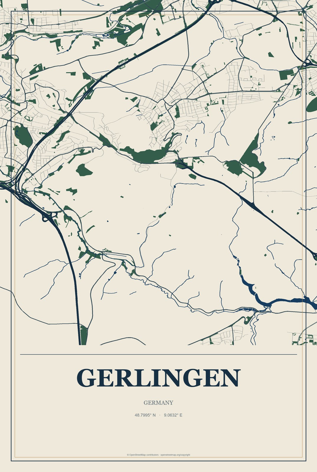 Gerlingen, Germany City Map Aluminum Sign in Coastal Cutout style