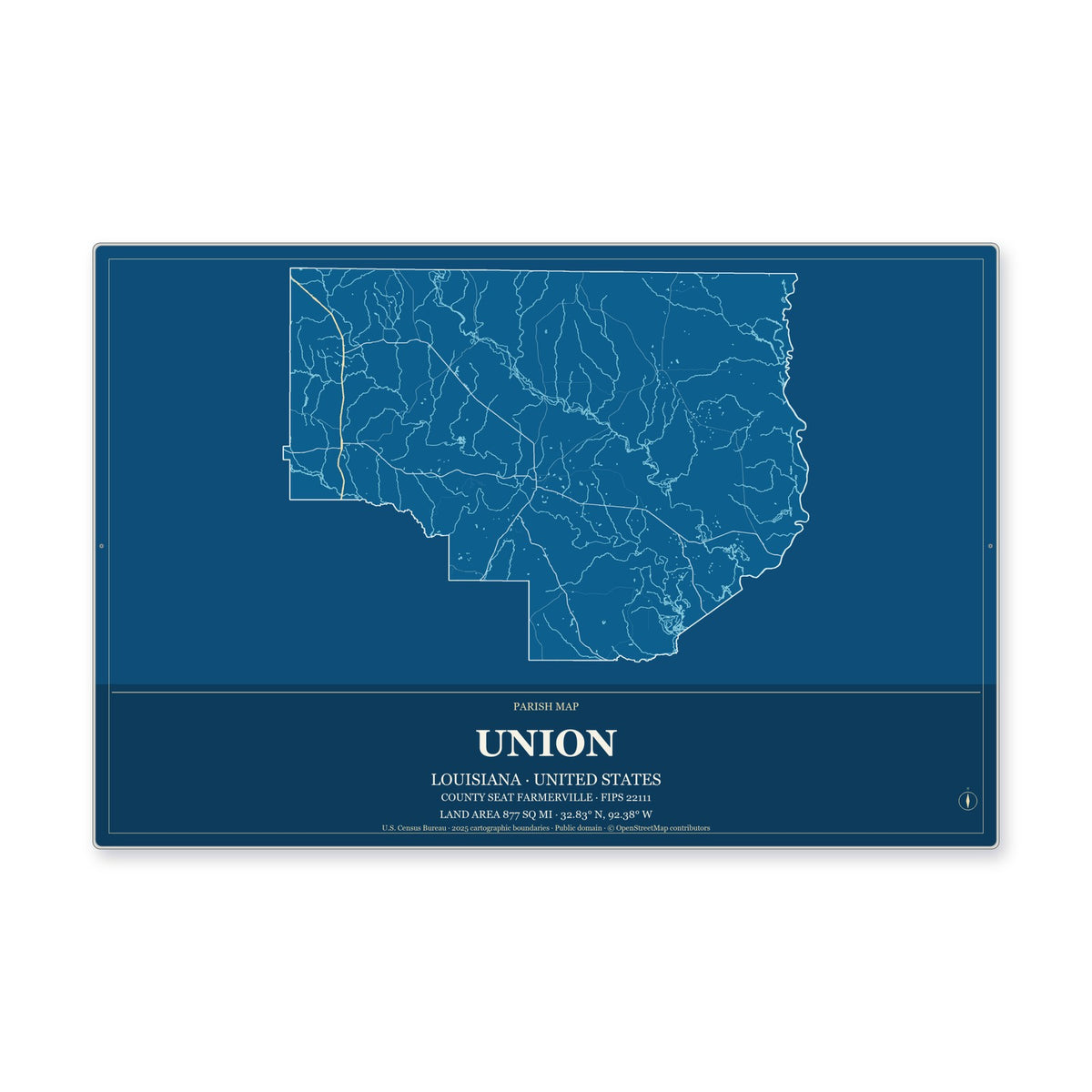 Union Parish, Louisiana Map Aluminum Sign in Harbor Cobalt style