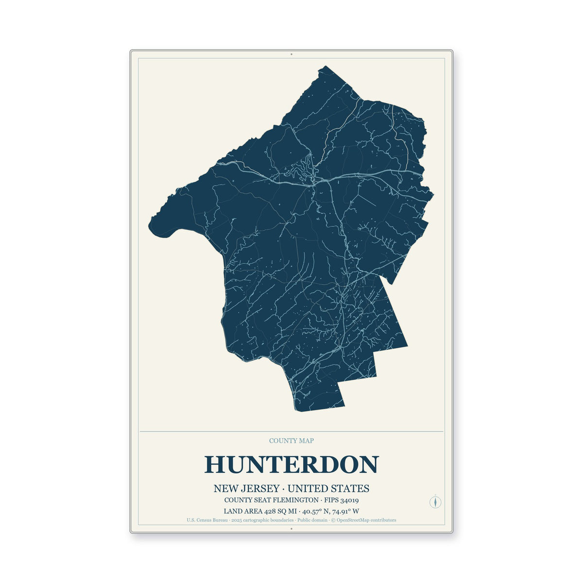 Hunterdon County, New Jersey Map Aluminum Sign in Coastal Cutout style