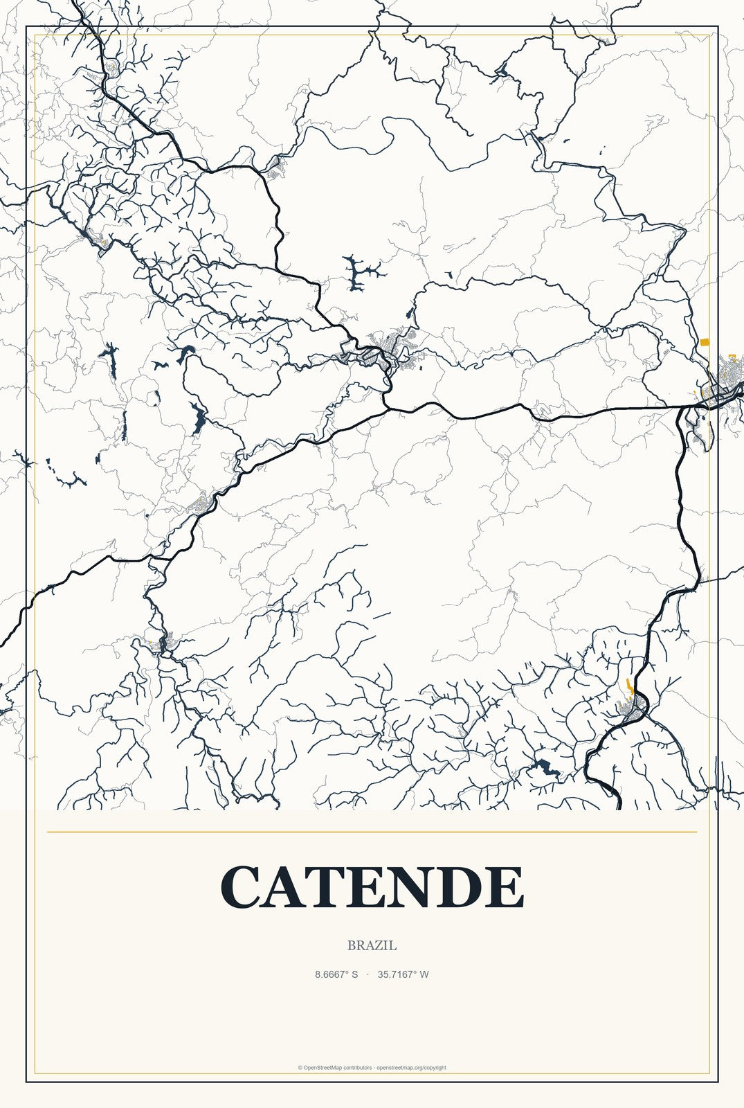 Catende, Brazil City Map Aluminum Sign in Citrine Modern style