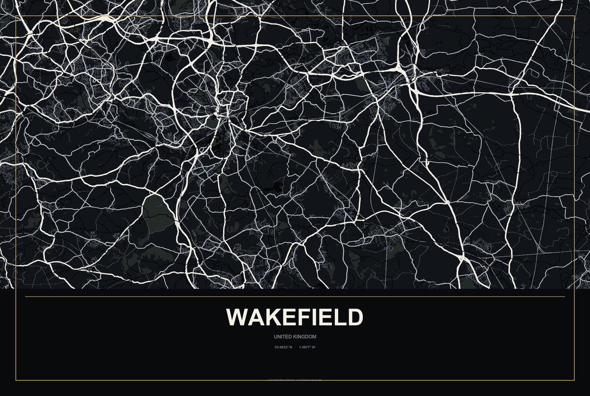 Wakefield, United Kingdom City Map Aluminum Sign in Metropolitan Noir style