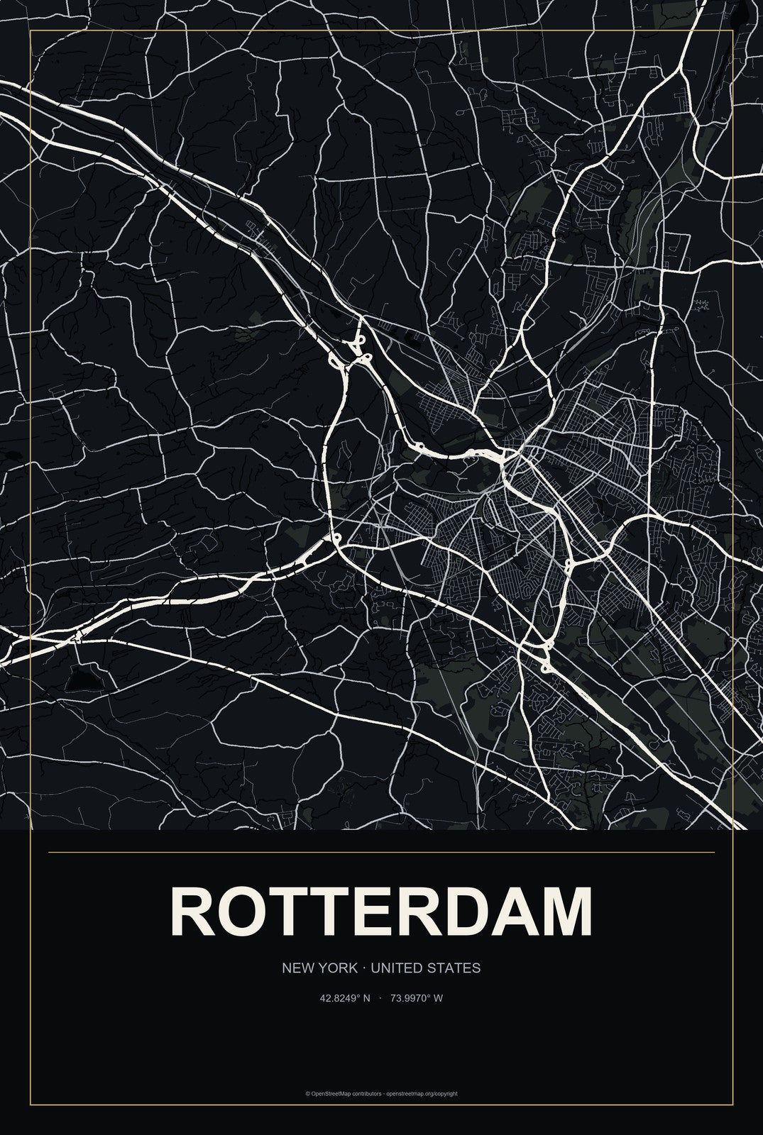 Rotterdam, New York City Map Aluminum Sign in Metropolitan Noir style