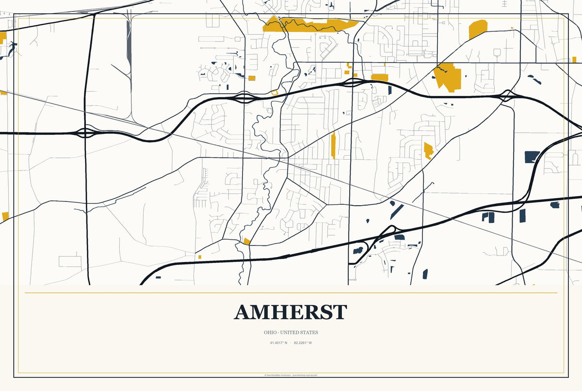 Amherst, Ohio City Map Aluminum Sign in Citrine Modern style