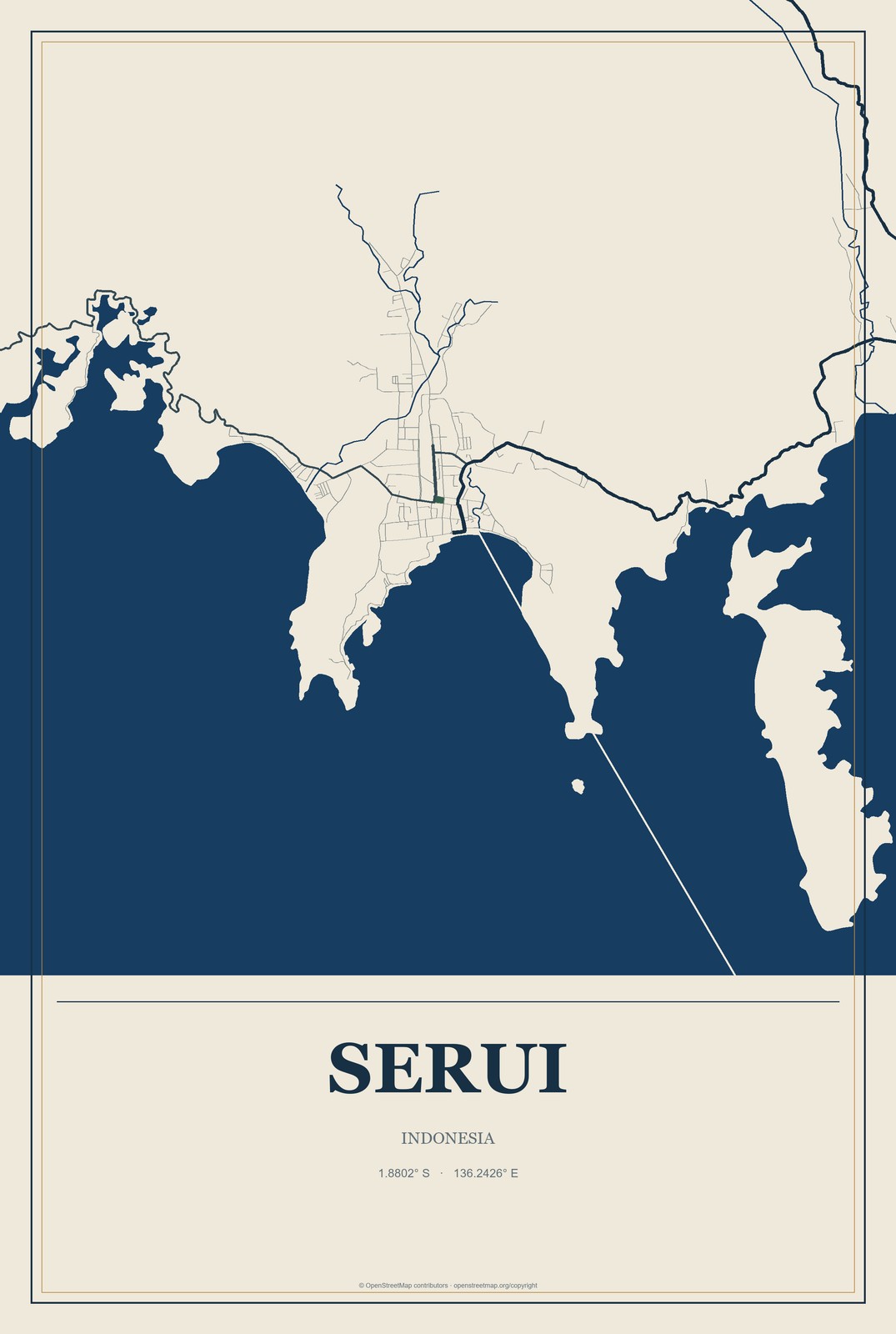Serui, Indonesia City Map Aluminum Sign in Coastal Cutout style