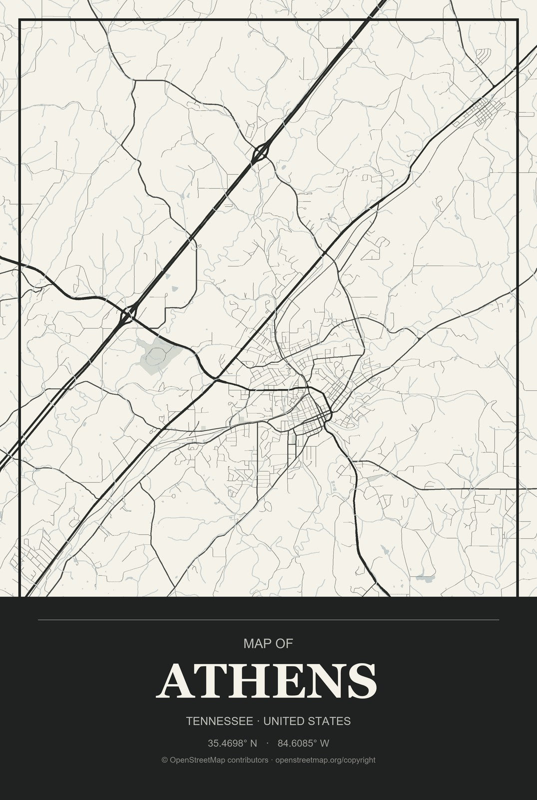 Athens, Tennessee City Map Aluminum Sign in Museum Plaque style