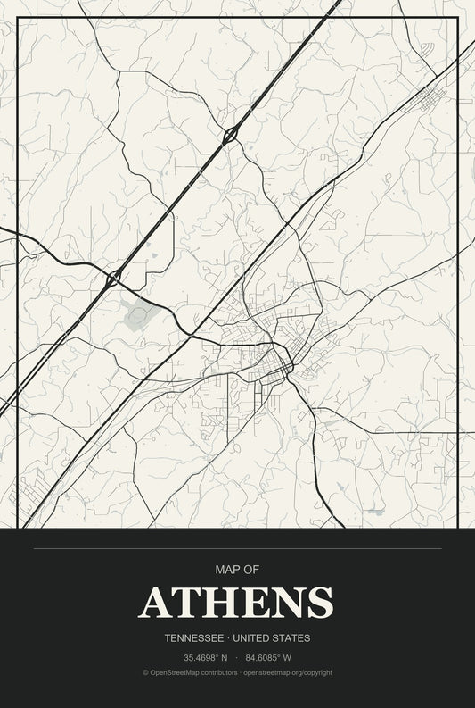 Athens, Tennessee City Map Aluminum Sign in Museum Plaque style