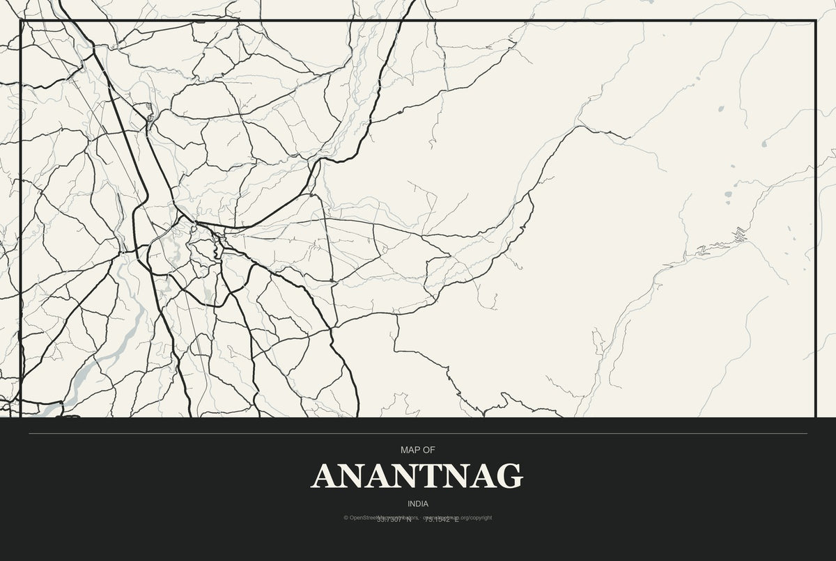 Anantnag, India City Map Aluminum Sign in Museum Plaque style