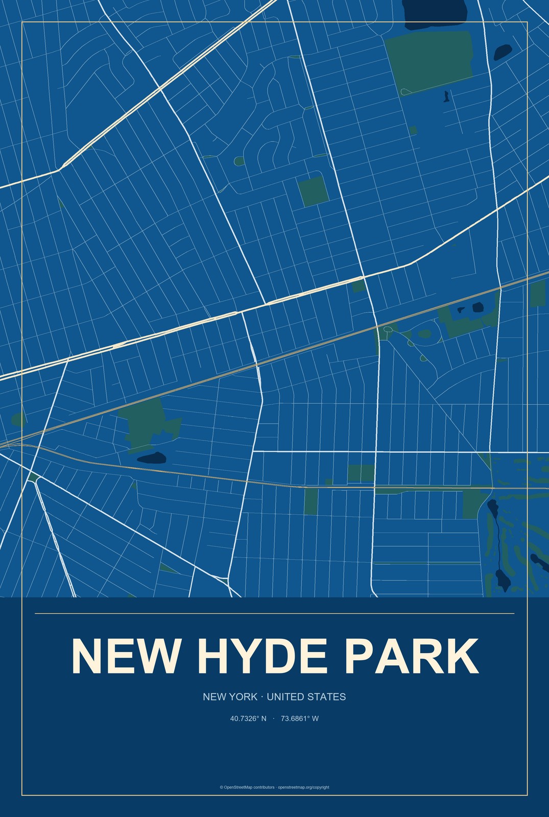 New Hyde Park, New York City Map Aluminum Sign in Harbor Cobalt style