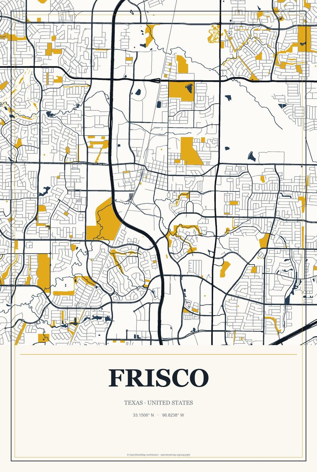 Frisco, Texas City Map Aluminum Sign in Citrine Modern style