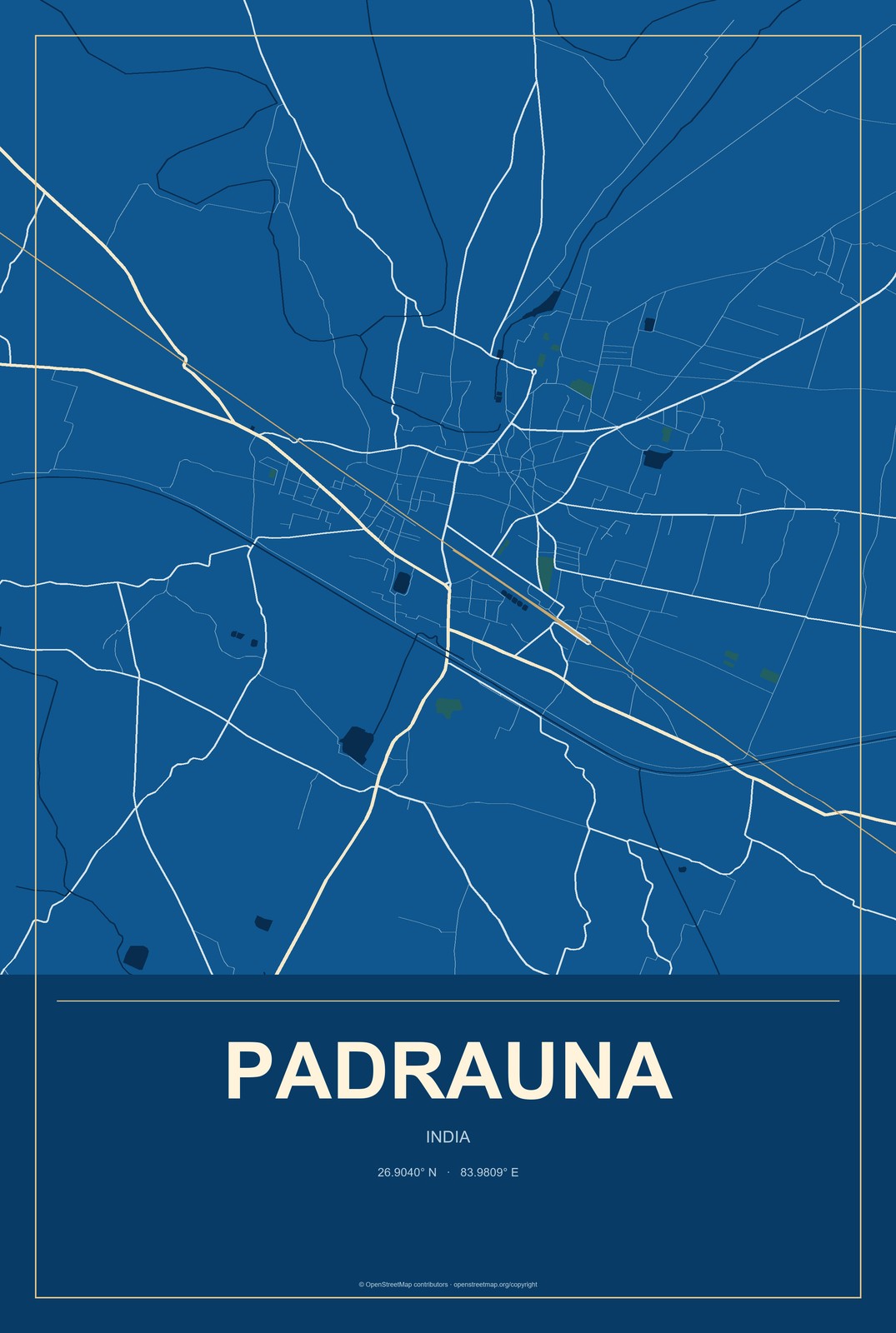 Padrauna, India City Map Aluminum Sign in Harbor Cobalt style