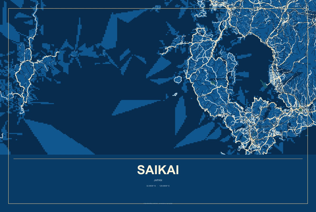 Saikai, Japan City Map Aluminum Sign in Harbor Cobalt style