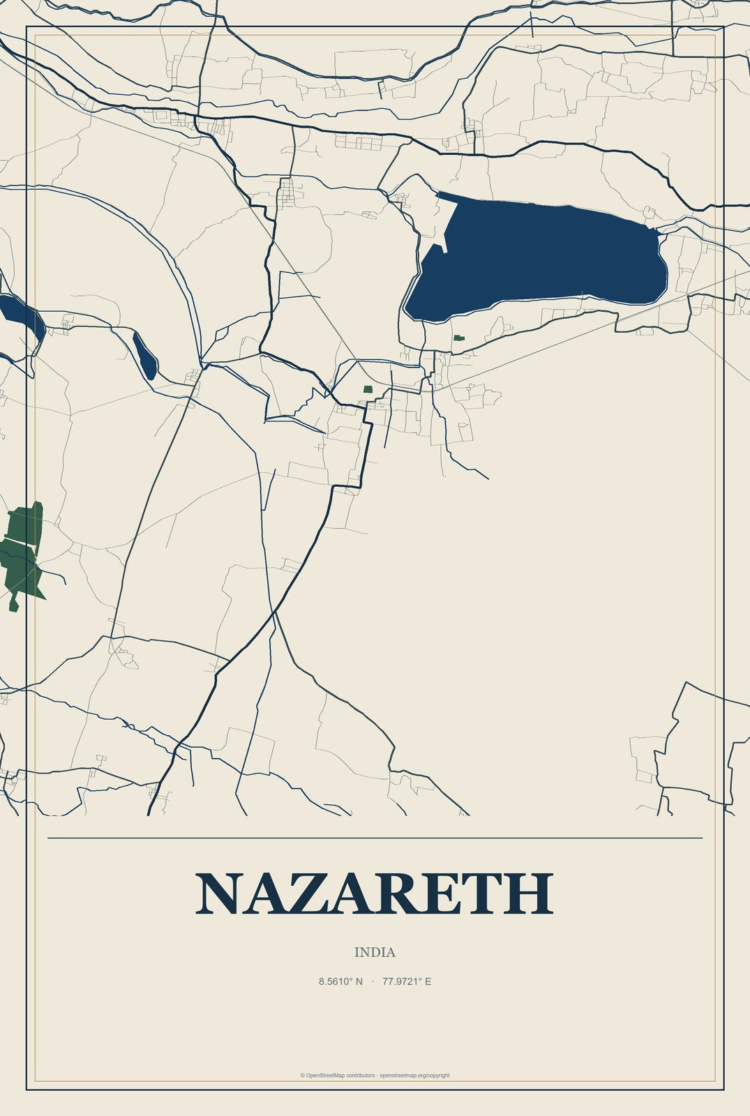 Nazareth, India City Map Aluminum Sign in Coastal Cutout style
