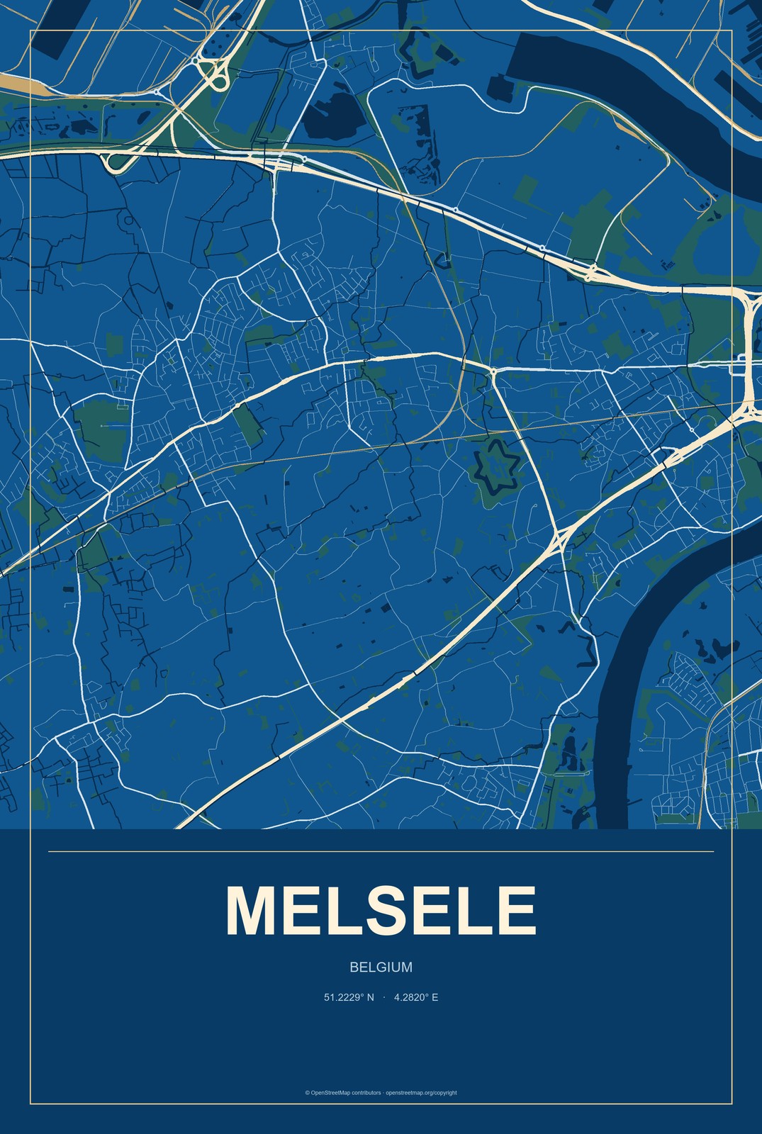 Melsele, Belgium City Map Aluminum Sign in Harbor Cobalt style