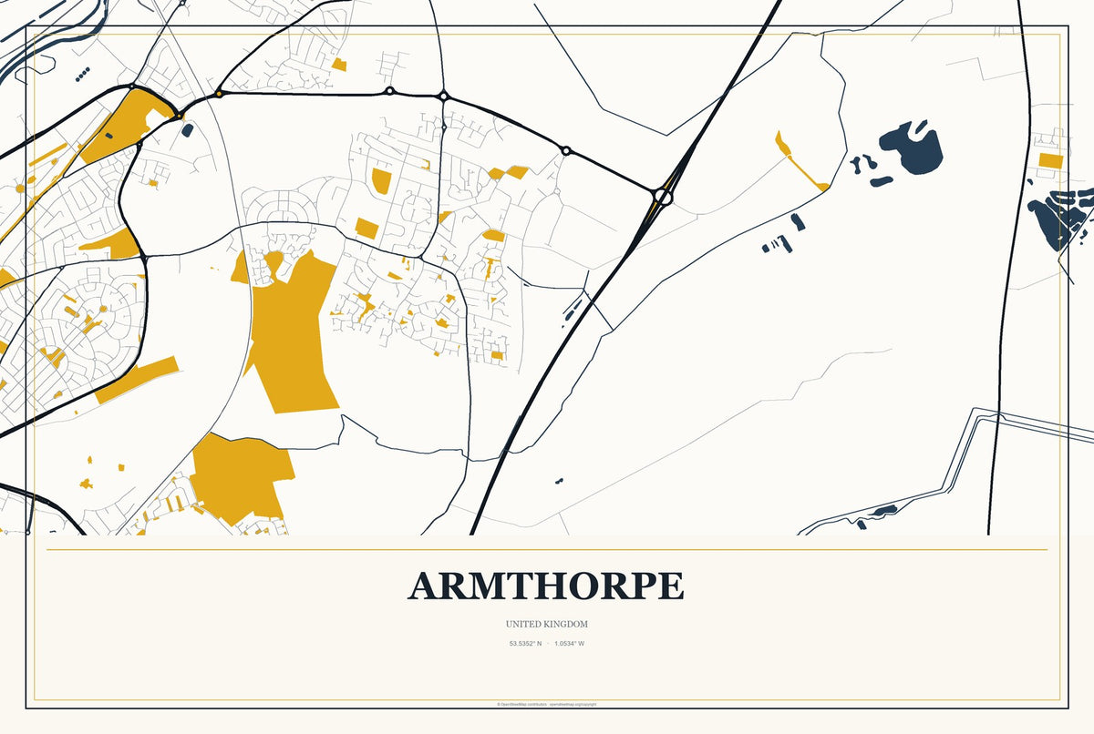 Armthorpe, United Kingdom City Map Aluminum Sign in Citrine Modern style