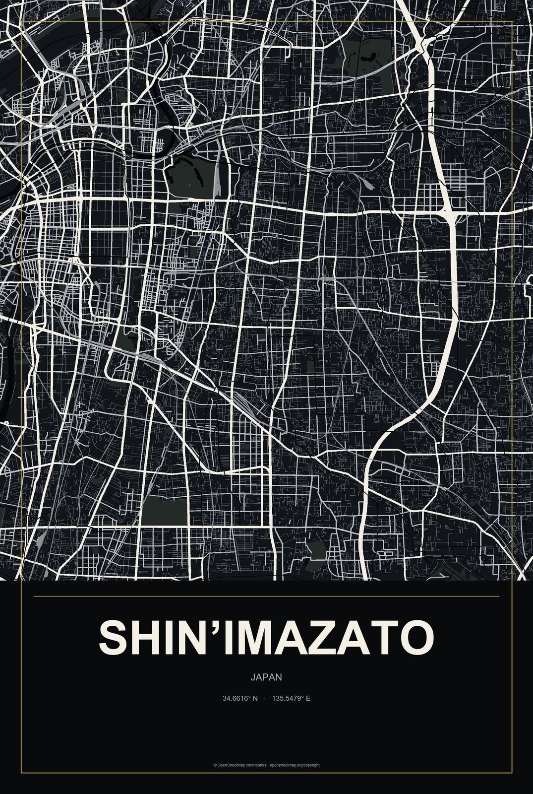 Shin’imazato, Japan City Map Aluminum Sign in Metropolitan Noir style