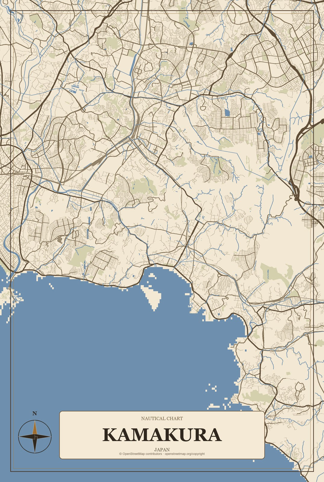 Kamakura, Japan City Map Aluminum Sign in Heritage Nautical style